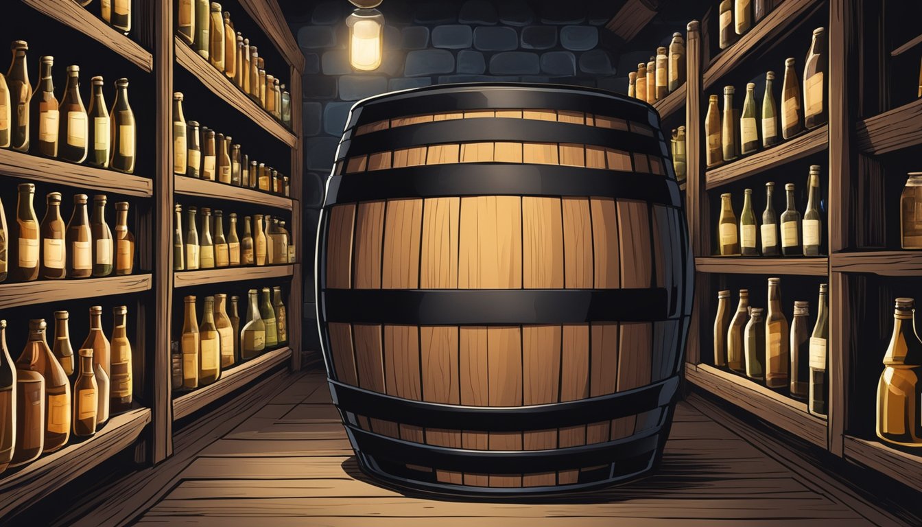 A wooden barrel sits in a cool, dark cellar surrounded by shelves of aging perry bottles. A small airlock releases bubbles as the perry ferments inside