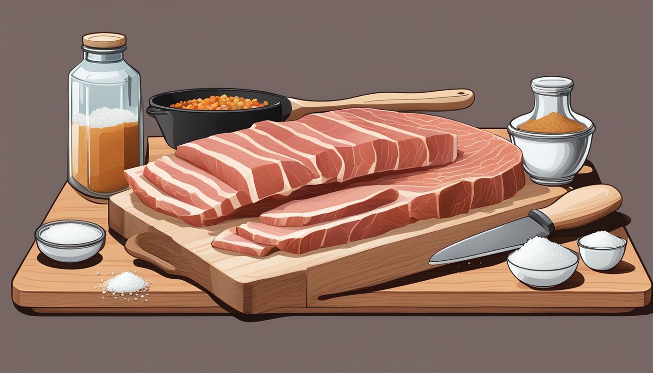 A kitchen counter with a cutting board, knife, and a slab of raw pork belly, surrounded by containers of salt, sugar, and spices