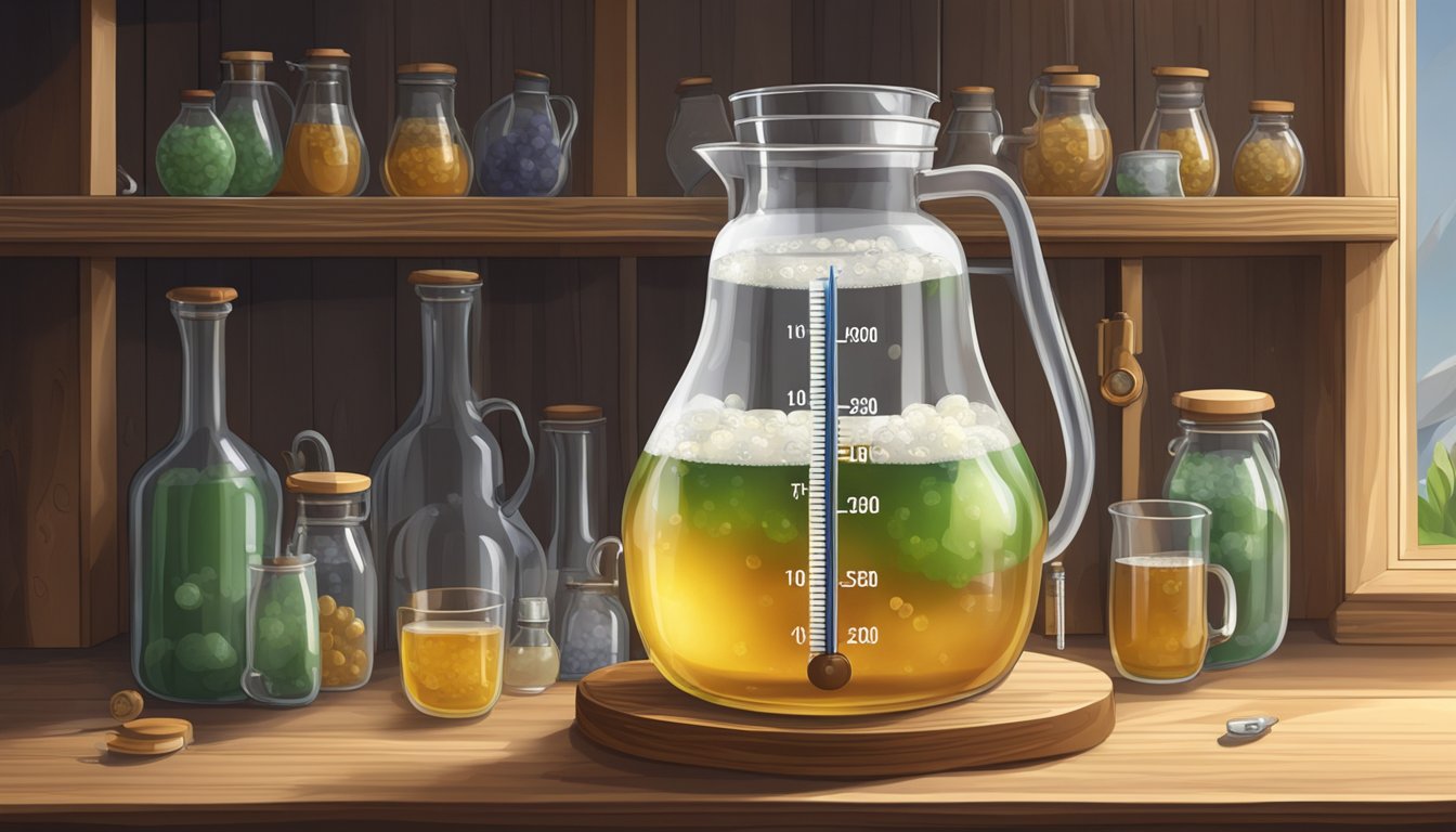 A glass jug filled with fermenting perry sits on a wooden shelf, surrounded by bubbling airlocks and a thermometer