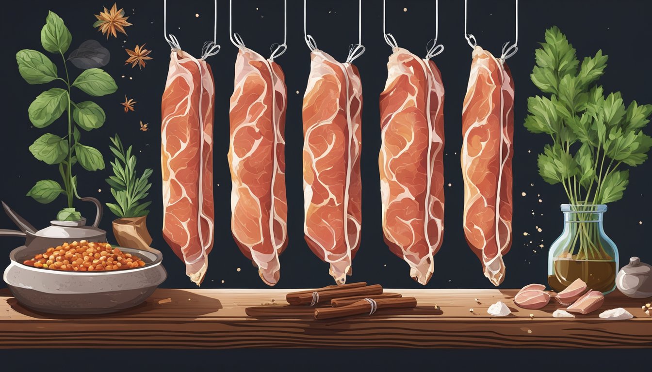 A slab of pancetta hanging in a cool, dark room, surrounded by herbs and spices, as it undergoes the fermentation and curing process