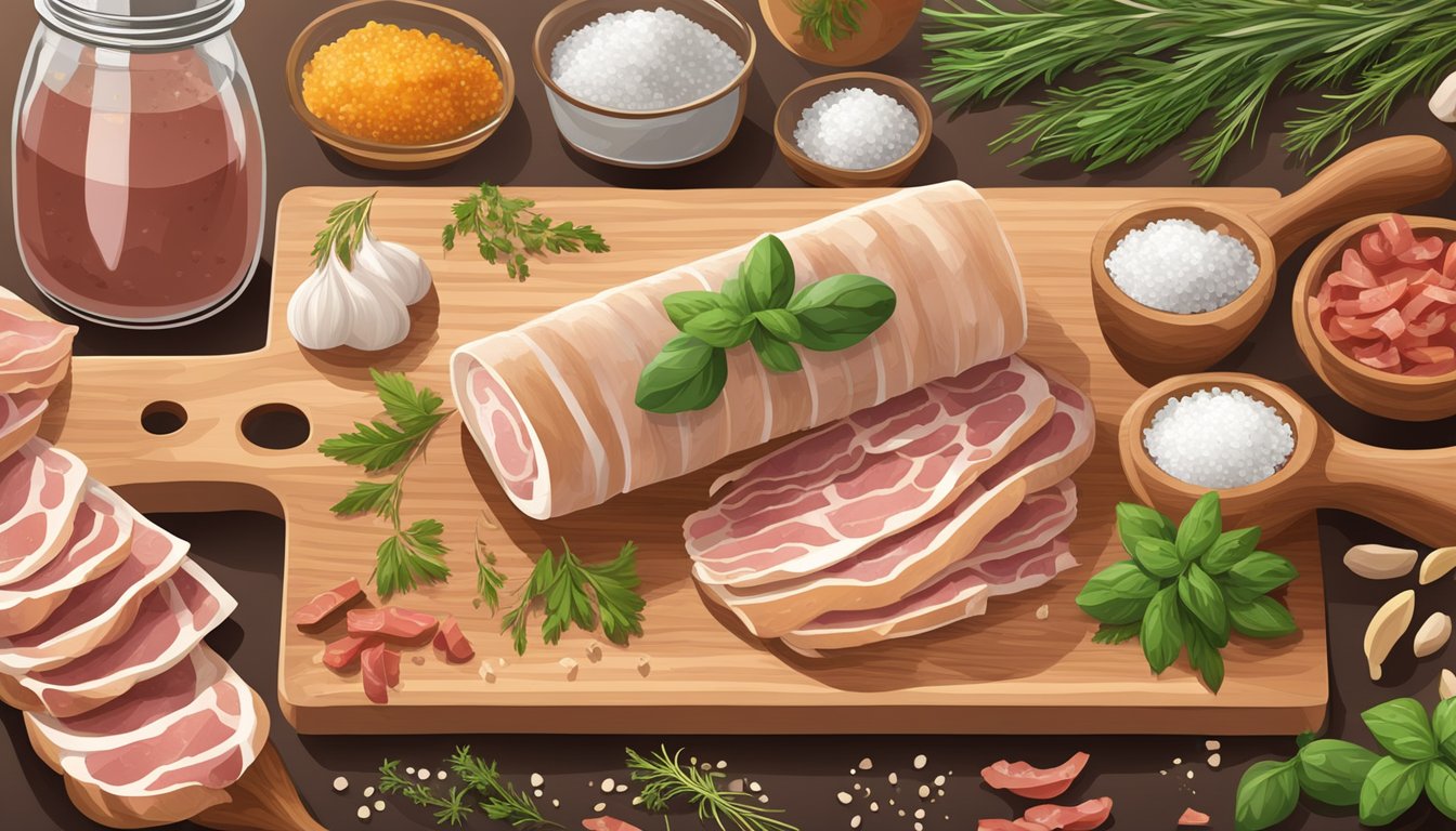 A wooden cutting board with a rolled pancetta, surrounded by ingredients like salt, pepper, and herbs. A jar of fermenting pancetta sits nearby