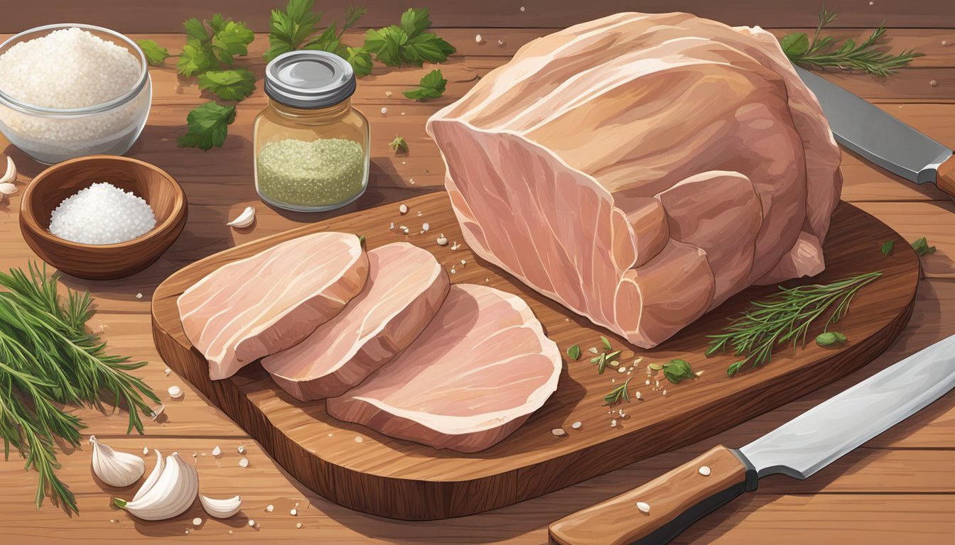 A large piece of pork fat sits on a wooden cutting board, surrounded by salt, garlic, and herbs. A sharp knife and a glass jar are nearby