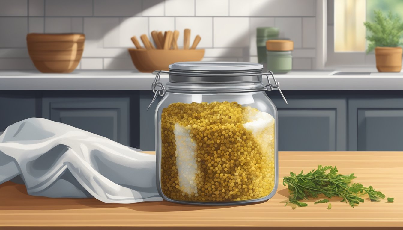 A glass jar filled with chopped mustard stems, salt, and spices, covered with a cloth and secured with a rubber band, sits on a kitchen counter