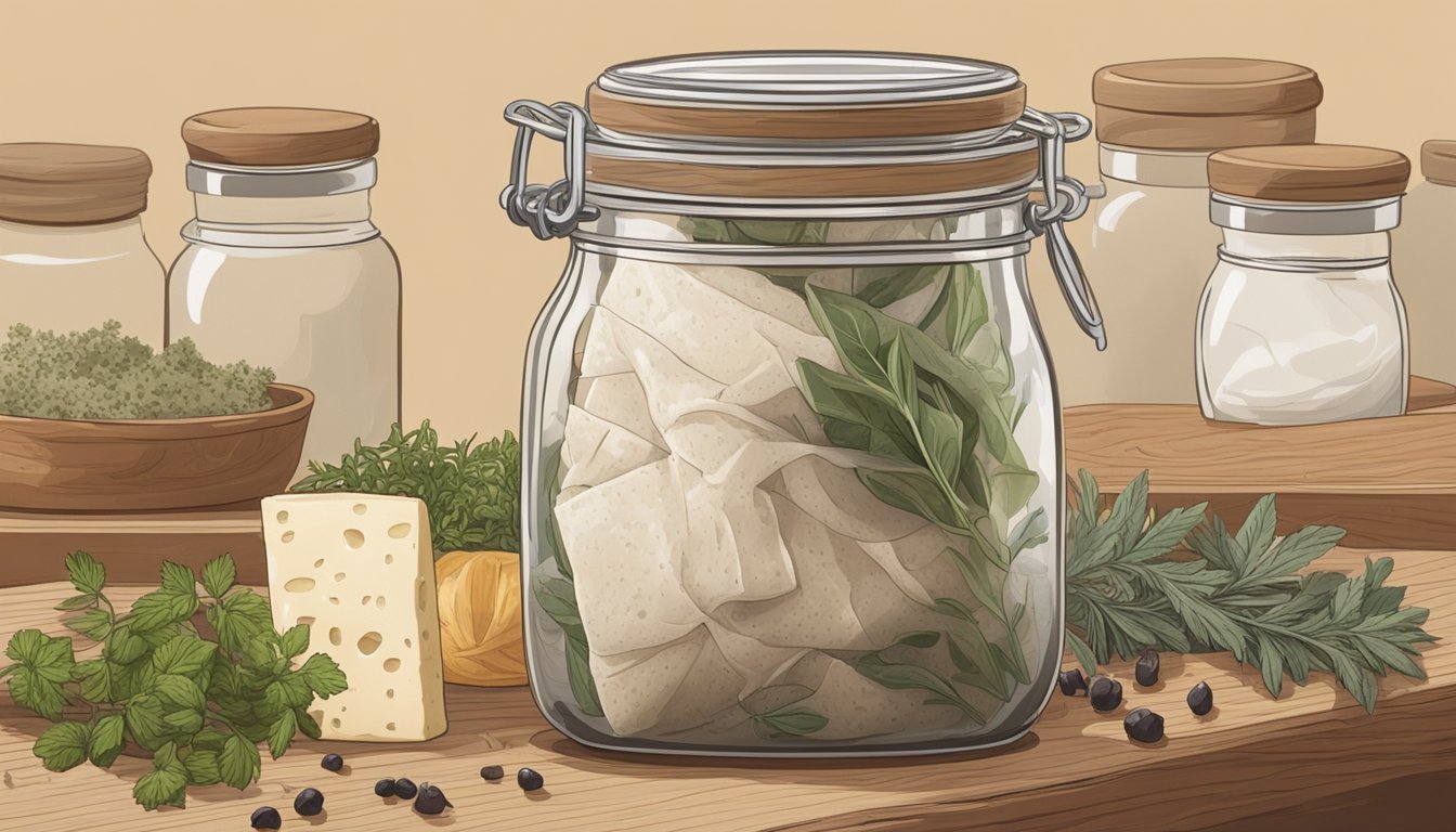 A glass jar filled with lardo sits on a wooden shelf, surrounded by various herbs and spices. A piece of cheesecloth is secured over the mouth of the jar with a rubber band