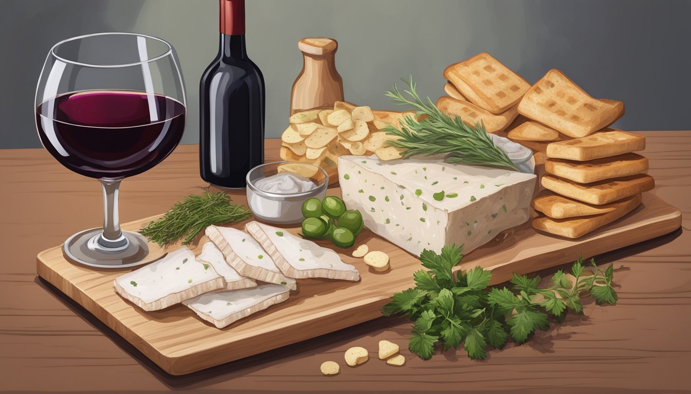 A wooden cutting board with sliced lardo, fresh herbs, and a variety of artisanal bread and crackers. A glass of red wine and a small dish of pickled vegetables sit nearby