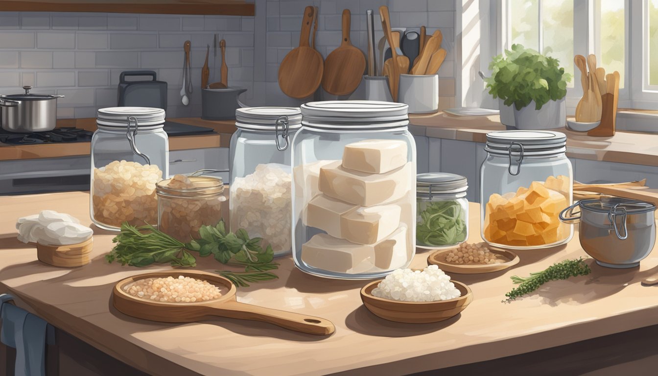 A glass jar filled with lardo sits on a clean, well-lit kitchen counter, surrounded by various fermentation tools and ingredients