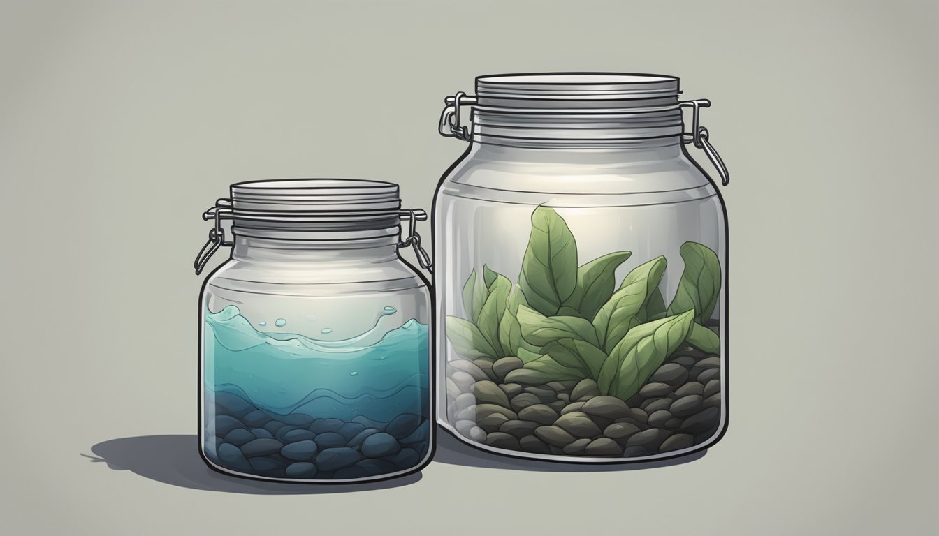 A jar of zha cai submerged in brine, sealed with a lid, placed in a dark, cool storage area