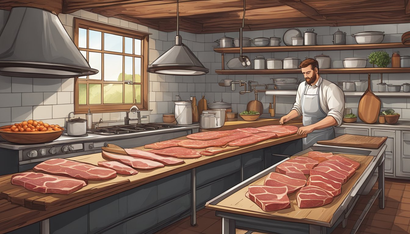 A rustic kitchen with hanging cured meats and a large slab of pork fat being prepared for fermentation