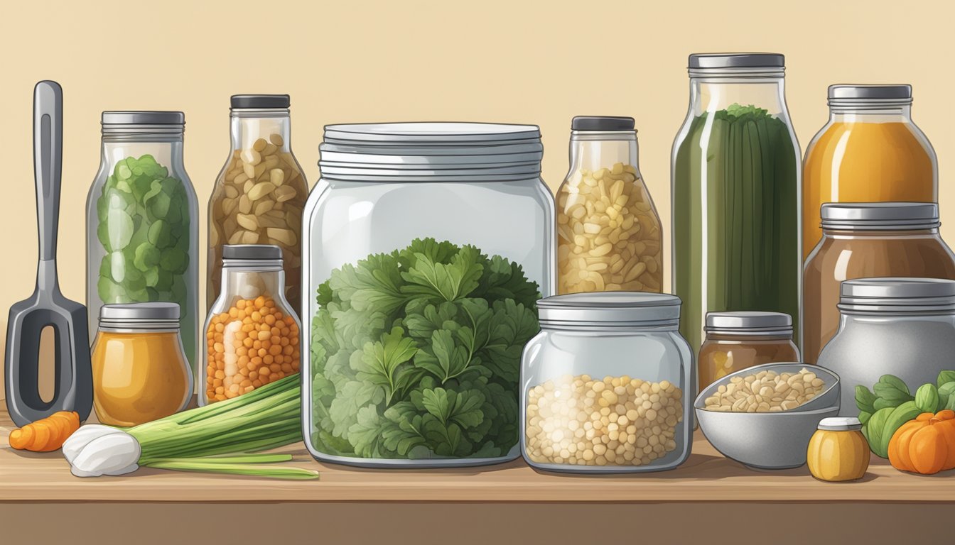 A jar of zha cai surrounded by various fermentation ingredients and tools on a clean kitchen counter