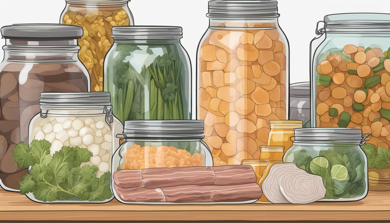 A jar of salted pork belly submerged in brine, surrounded by jars of various fermented foods and a book on fermentation