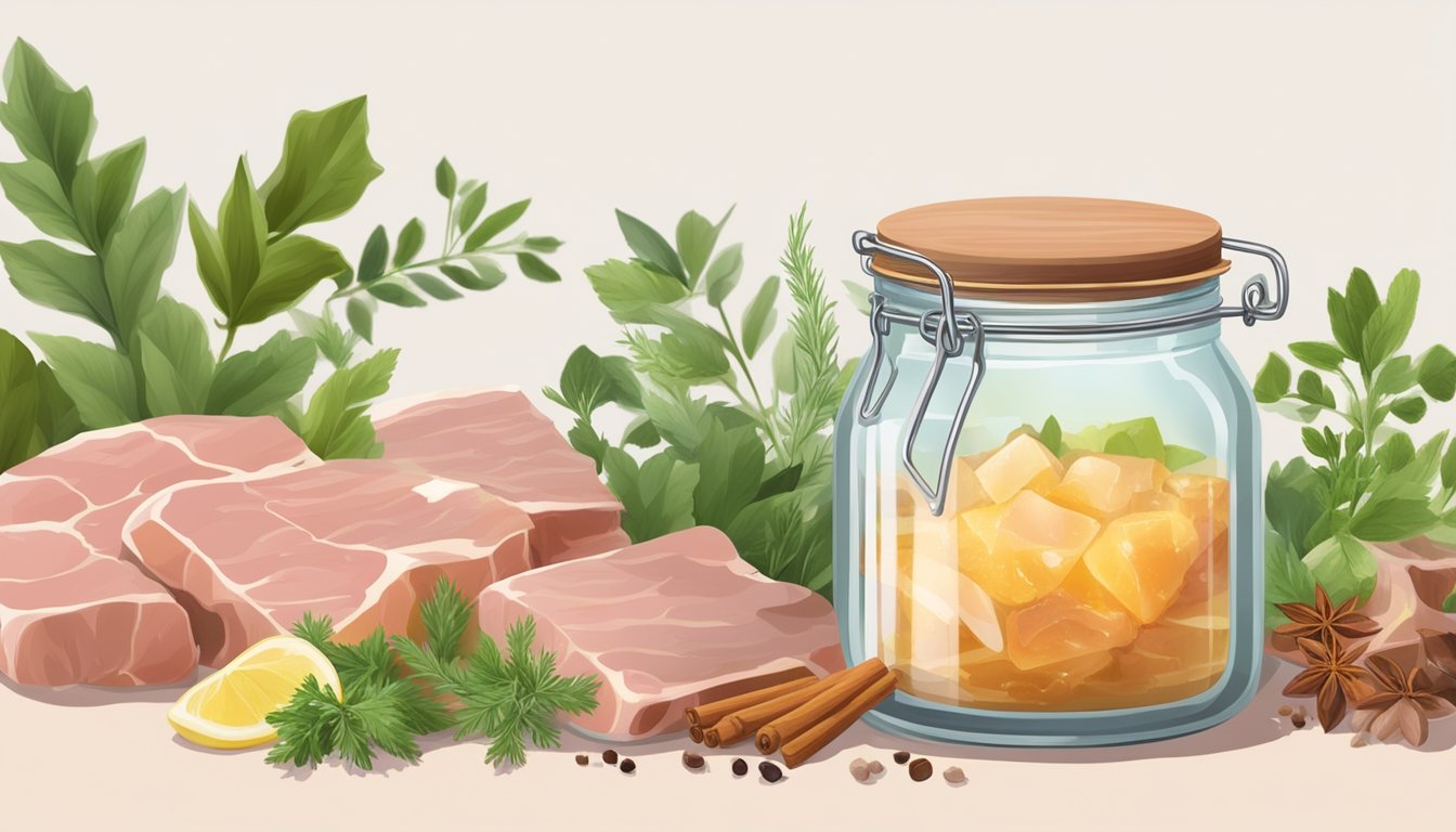 A glass jar filled with chunks of raw pork fat, submerged in a brine solution, surrounded by herbs and spices