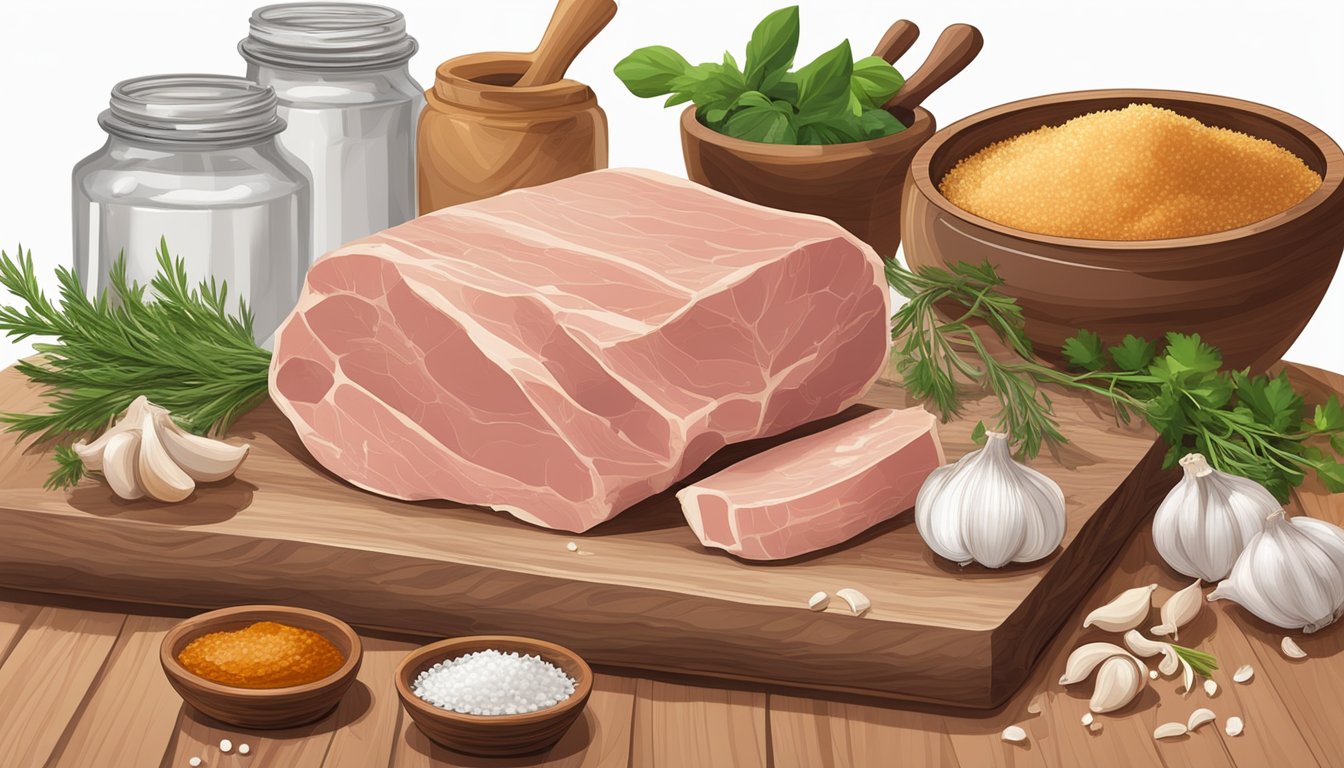 A wooden cutting board with a slab of pork fat, surrounded by jars of salt and spices, with a bowl of garlic and herbs nearby