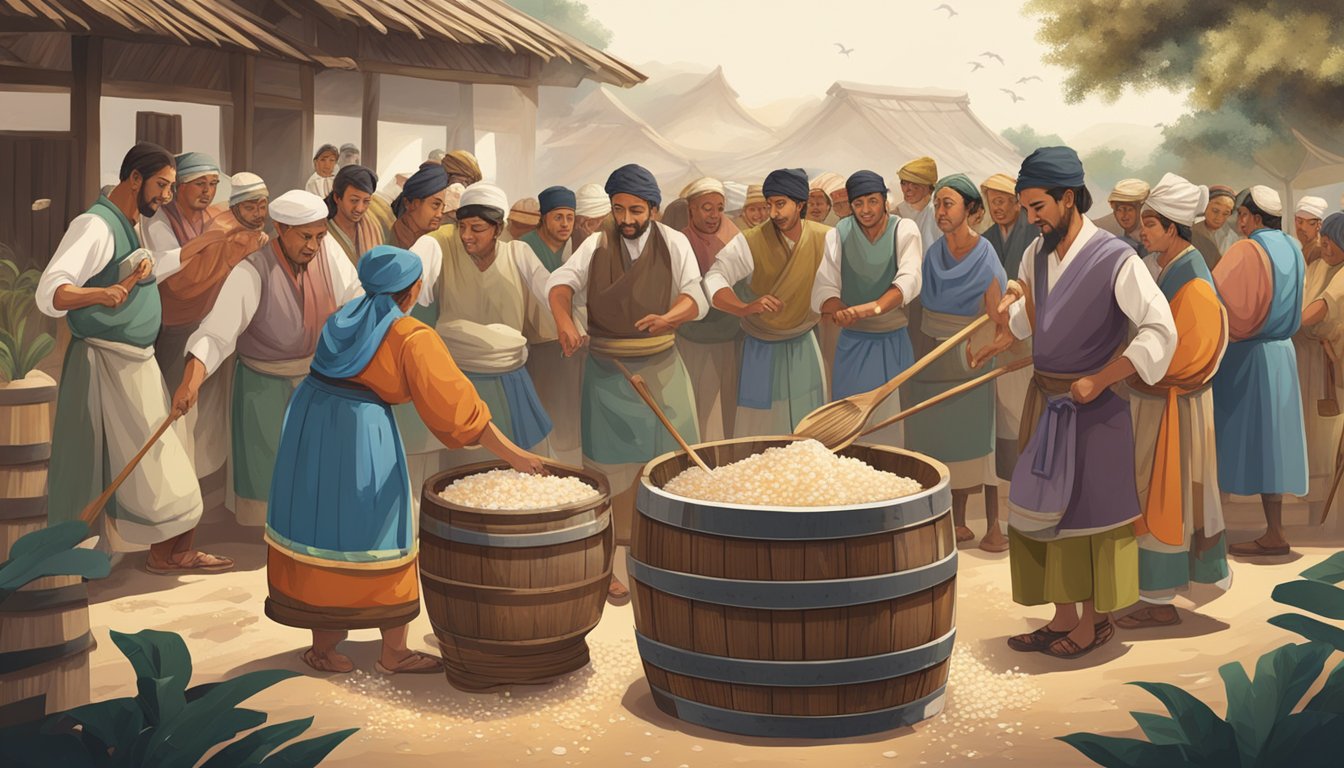 A large wooden barrel filled with fish and salt, surrounded by a group of people in traditional clothing, stirring the mixture with long wooden paddles