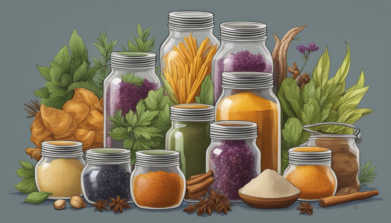 A variety of spices and flavorings arranged around a jar of fermenting salo