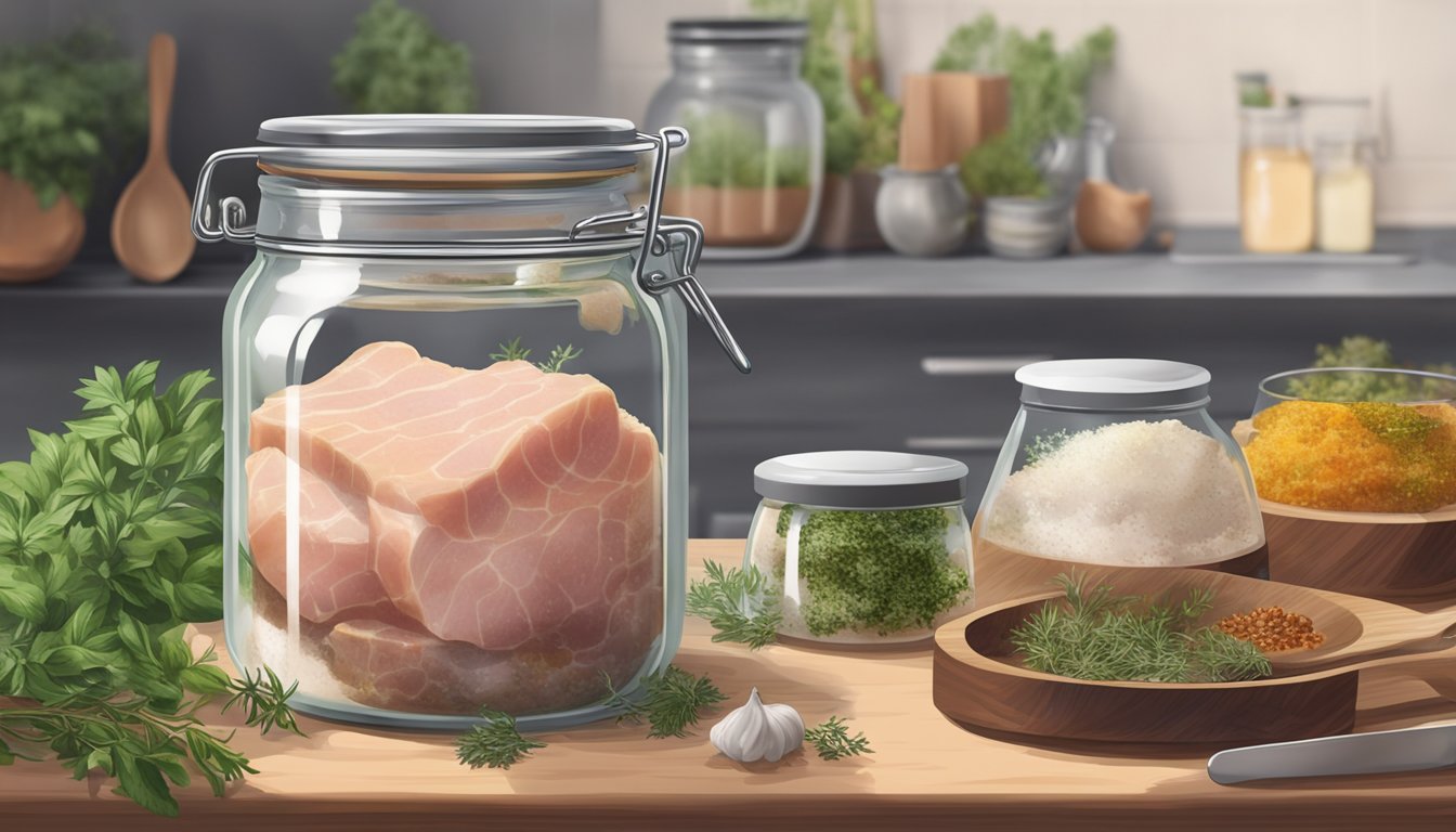 A glass jar filled with salted pork fat, submerged in brine, surrounded by herbs and spices, sitting on a kitchen counter