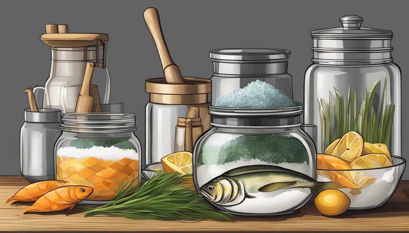 A table with fish, salt, and jars. A mortar and pestle, and a large mixing bowl