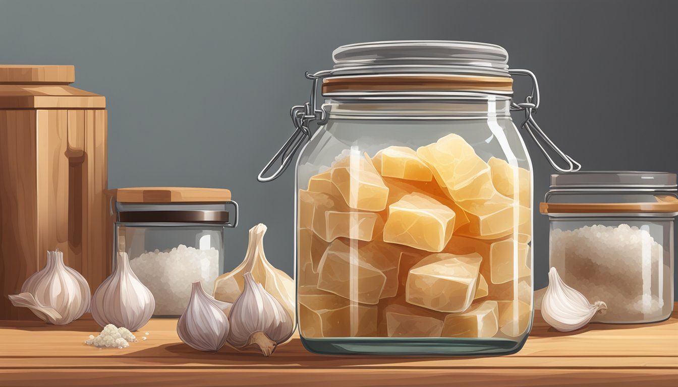 A glass jar filled with chunks of pork fat submerged in a brine of salt, garlic, and spices, sitting on a wooden shelf