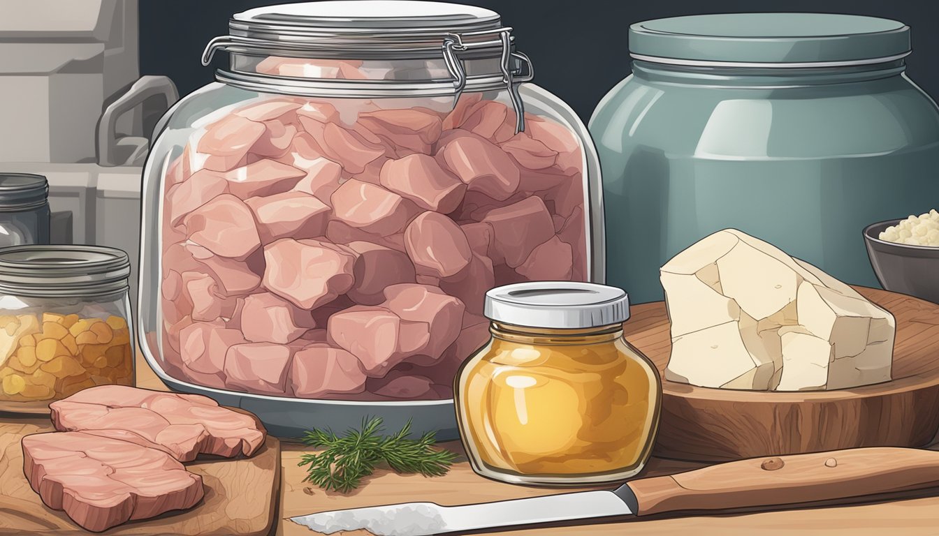 A jar of salted pork fat sitting on a kitchen counter, surrounded by ingredients and utensils for fermenting