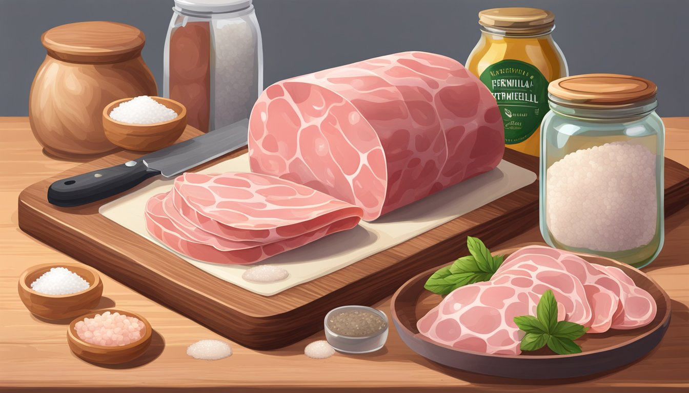 A cutting board with sliced mortadella, a bowl of salt, and a jar of fermenting liquid