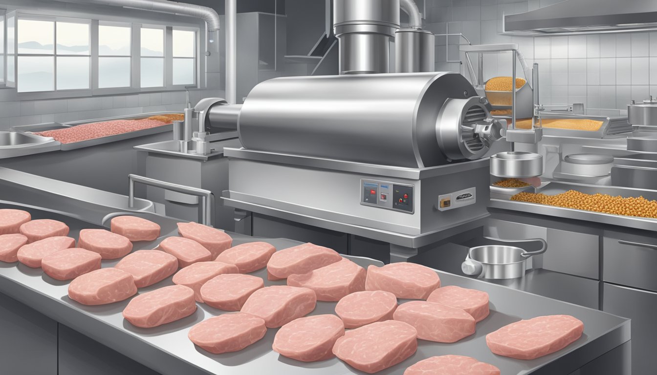 A large industrial meat grinder and mixing machine in a commercial kitchen, with ingredients for fermenting mortadella laid out nearby