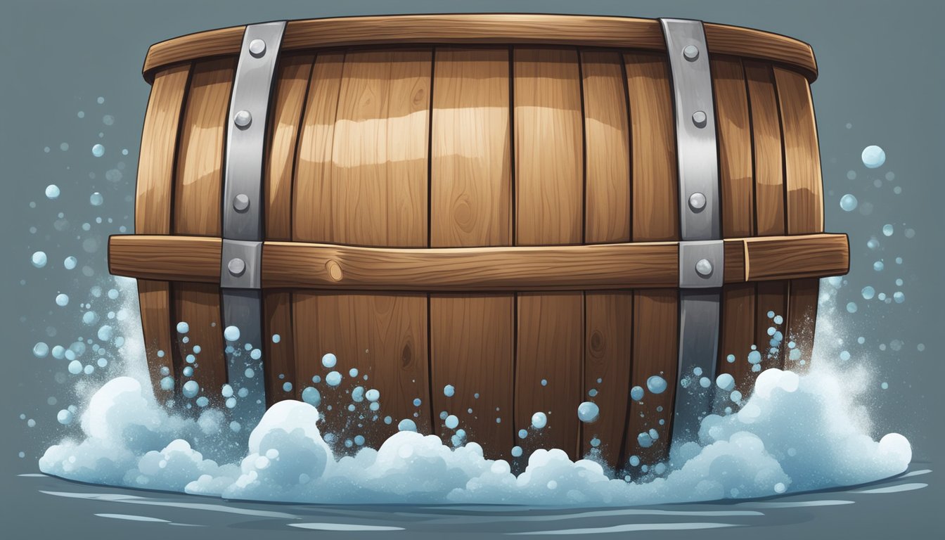 A large wooden barrel filled with fermenting fish sauce, surrounded by bubbling and foaming liquid