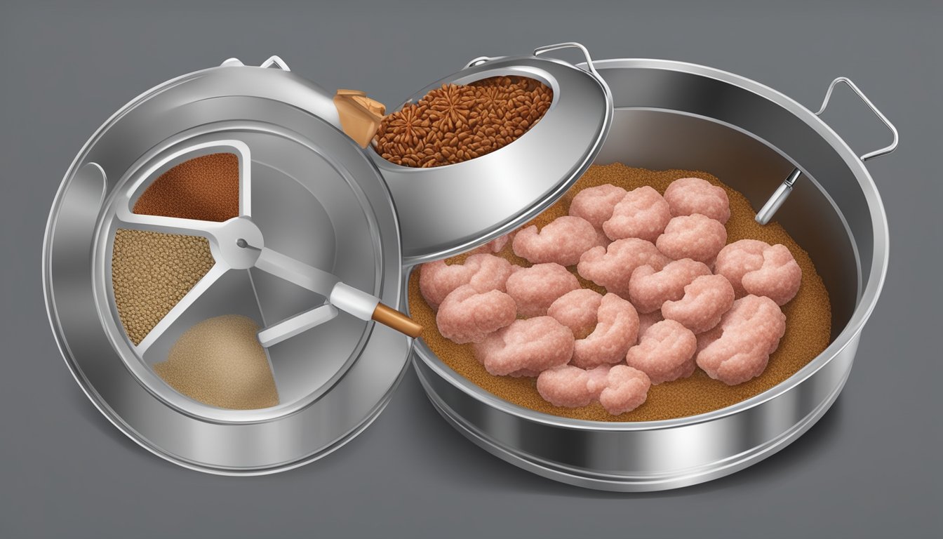 A large stainless steel vessel filled with ground pork, salt, and spices, with a thermometer and airlock attached