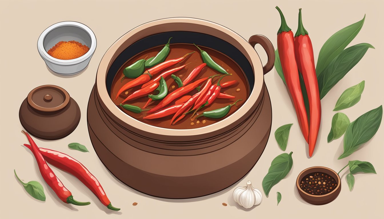 A traditional clay pot filled with fermenting gochujang, surrounded by wooden spoons, chili peppers, and garlic cloves