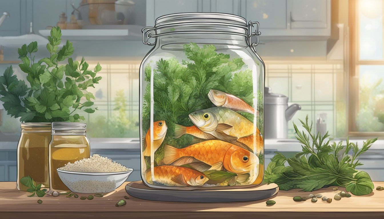 A glass jar filled with fish and salt, surrounded by herbs and spices, sits on a kitchen counter. Bubbles rise to the surface as the fish sauce ferments