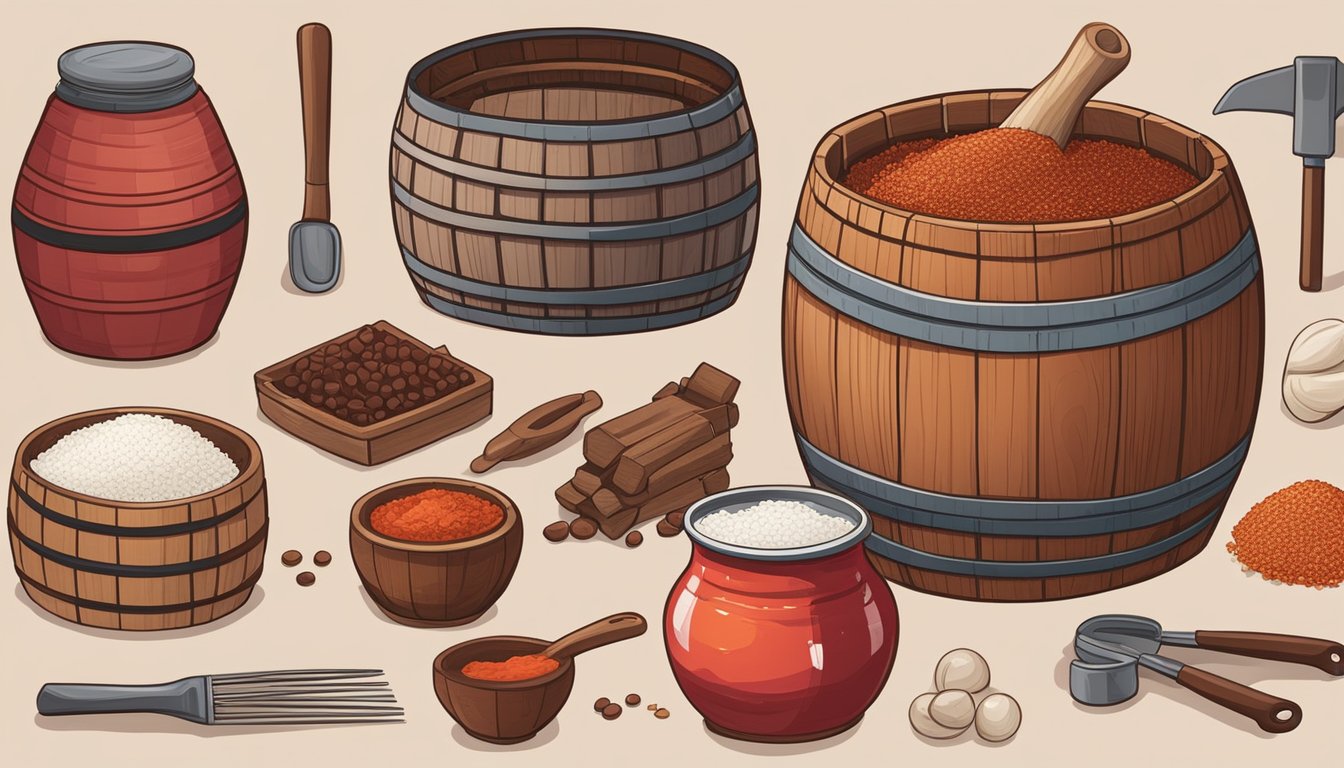 A wooden barrel filled with red gochujang paste, surrounded by various fermentation ingredients and tools