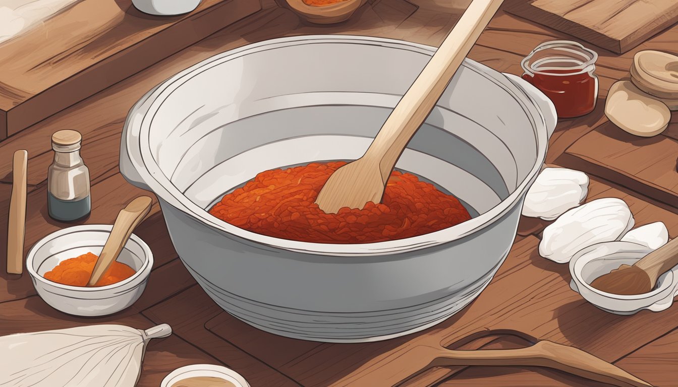 A large ceramic crock sits on a wooden table, filled with a thick, dark red paste. A wooden spoon stirs the mixture, blending the ingredients for fermenting gochujang