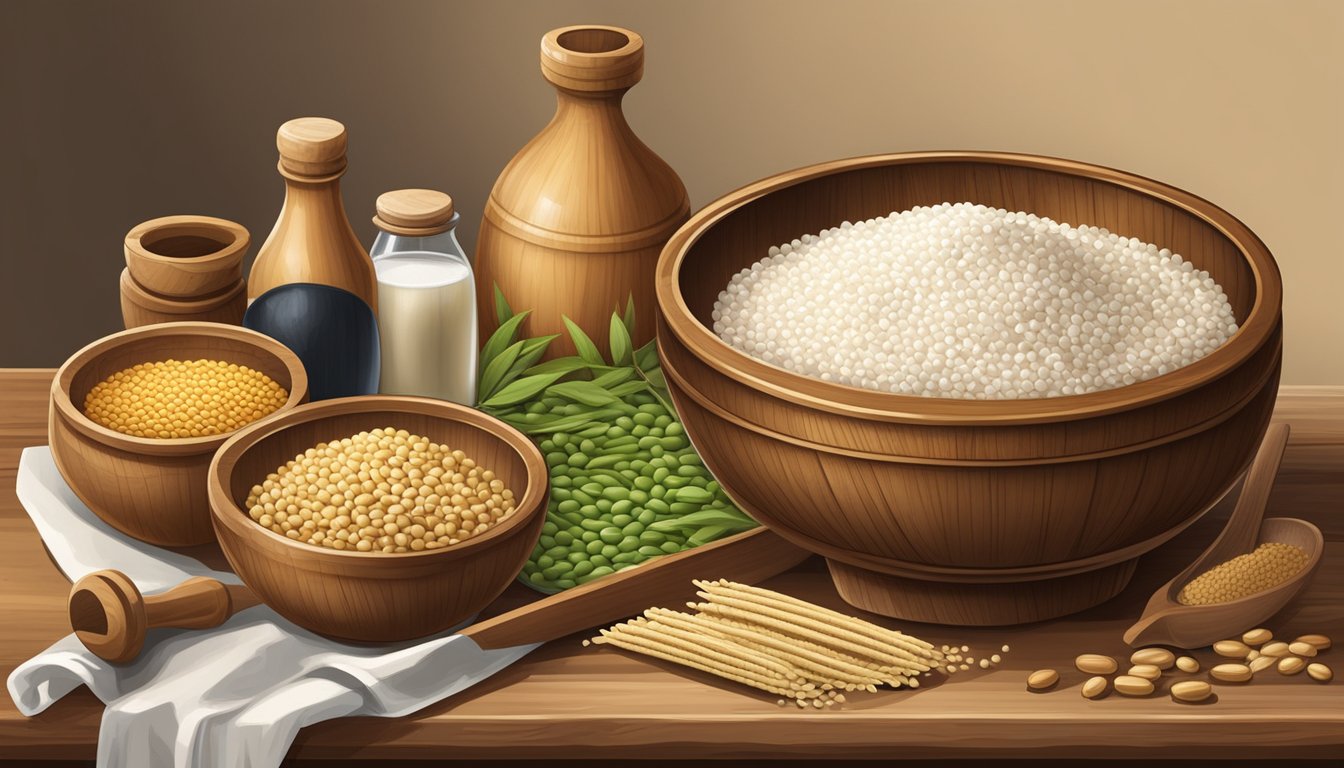 A wooden bowl filled with soybeans and salt, surrounded by various fermentation tools such as a crock, weights, and a cloth cover