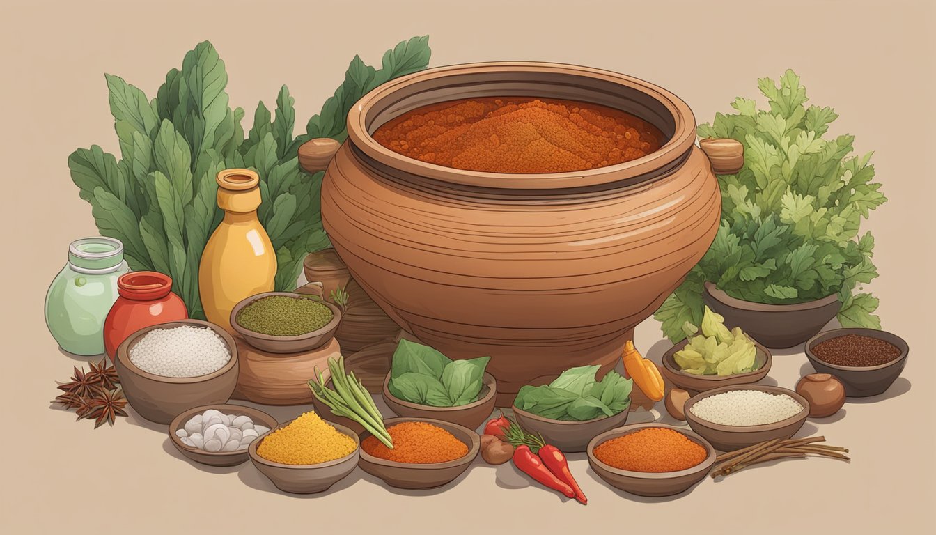 A large clay pot filled with fermenting gochujang, surrounded by various ingredients and spices