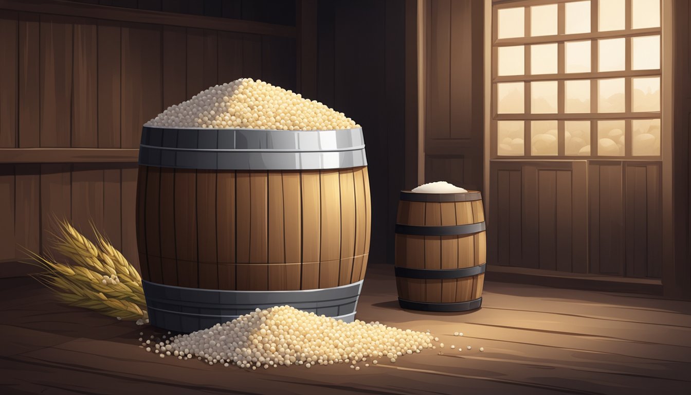 A wooden barrel filled with soybeans and salt, covered with a cloth, sitting in a dark, cool room for fermentation