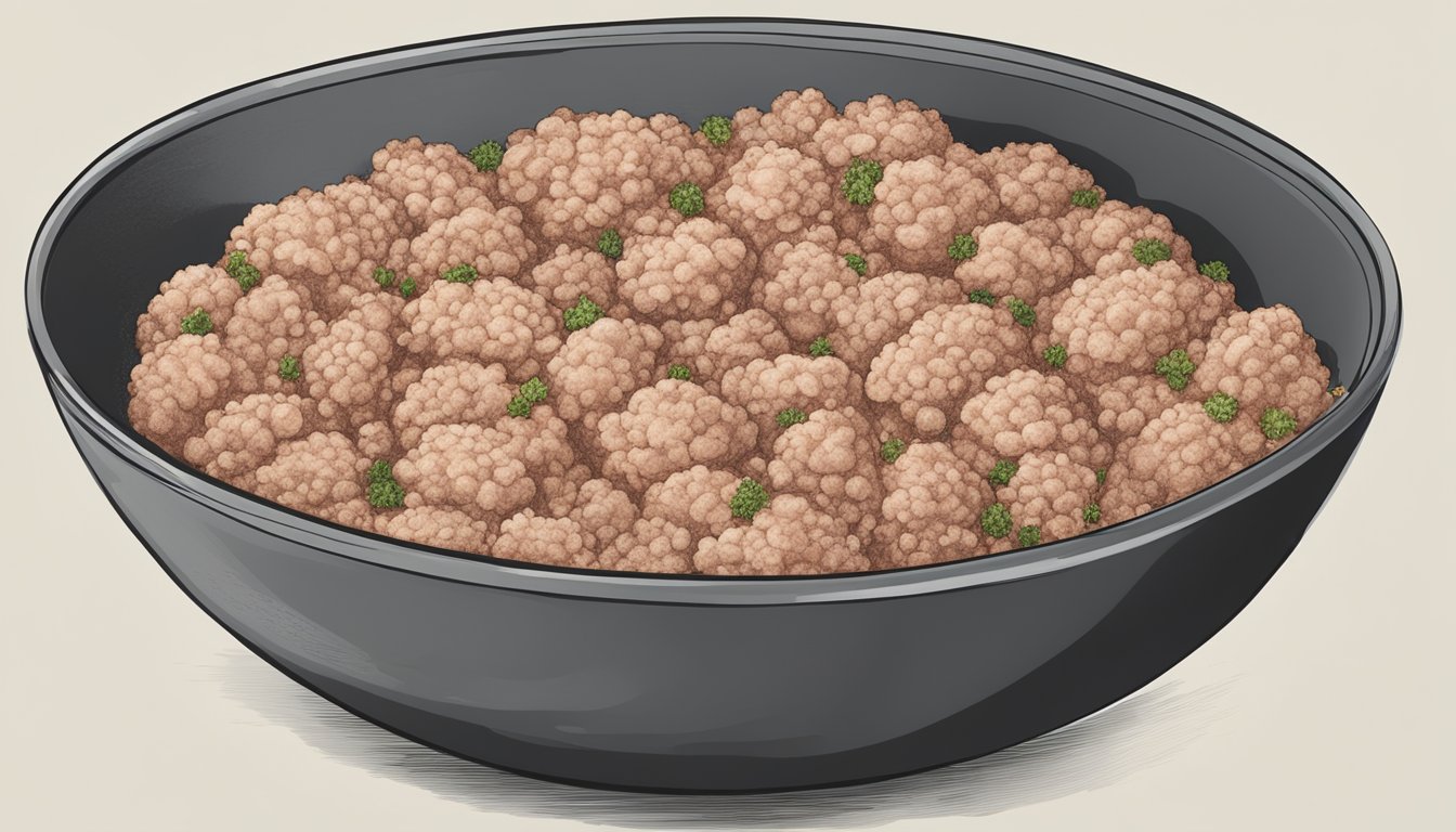 A large bowl of seasoned ground pork being mixed with curing agents and spices before being stuffed into casings