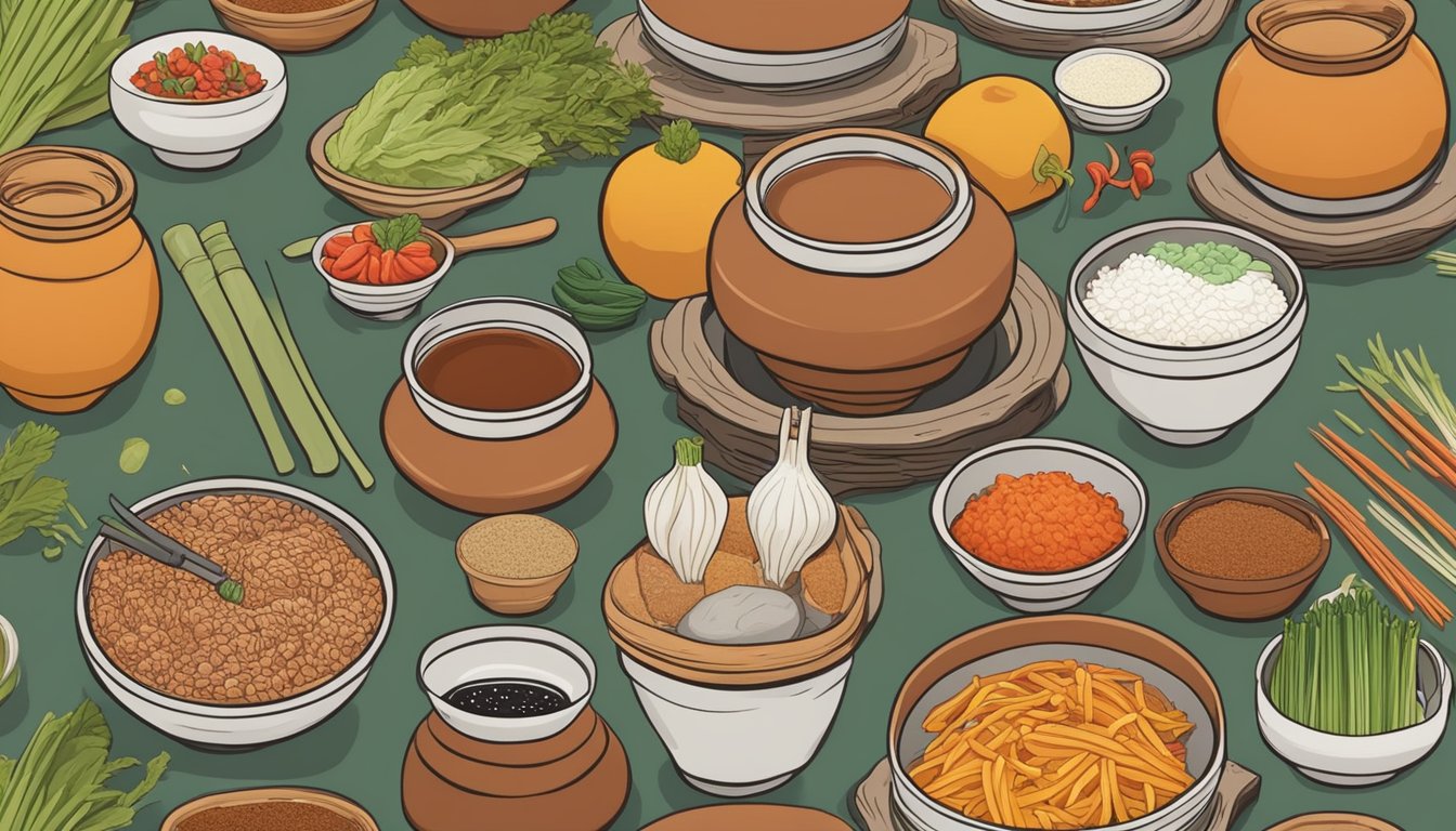 A traditional Korean clay jar filled with fermenting gochujang surrounded by various ingredients and utensils