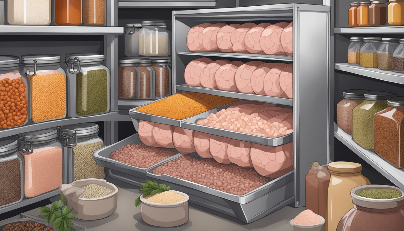 A large stainless steel container filled with fermenting mortadella, surrounded by shelves of spices and curing salts