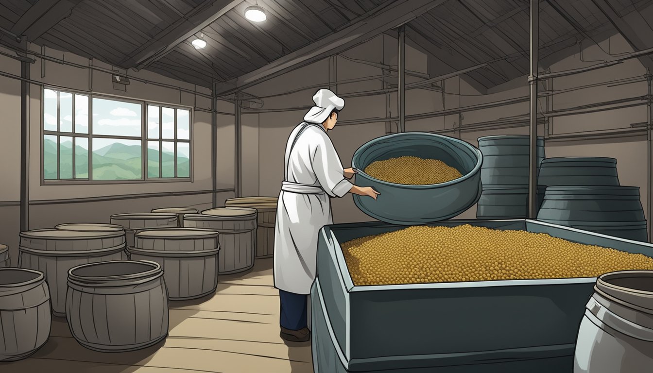 A crock filled with soybeans and brine, covered with a cloth, sits in a dark, cool storage room, undergoing the fermentation process to create doenjang