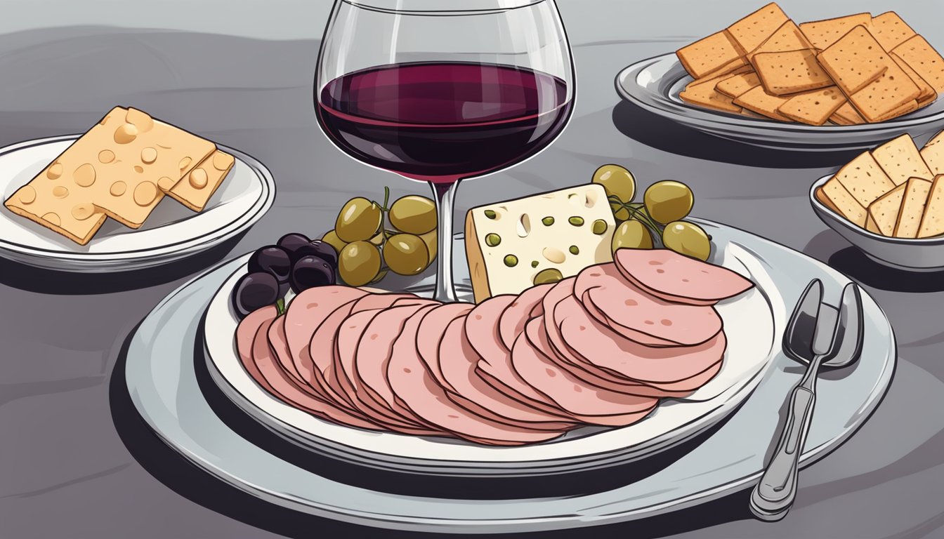 A platter of sliced mortadella with assorted cheeses, olives, and crackers. A glass of red wine sits beside the plate