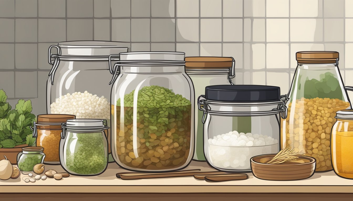 A jar of doenjang fermenting on a kitchen countertop, surrounded by various ingredients and utensils