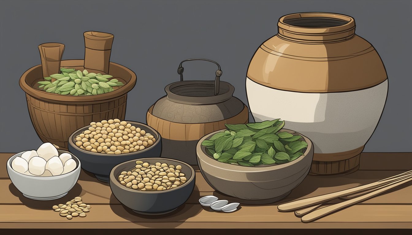 A traditional Korean earthenware jar holds fermenting soybean paste. Surrounding ingredients and utensils are arranged for comparison