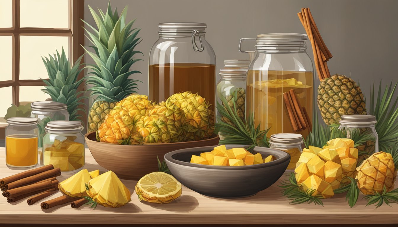 A wooden table with pineapples, cinnamon sticks, and piloncillo, surrounded by glass jars and a large ceramic bowl filled with fermenting tepache