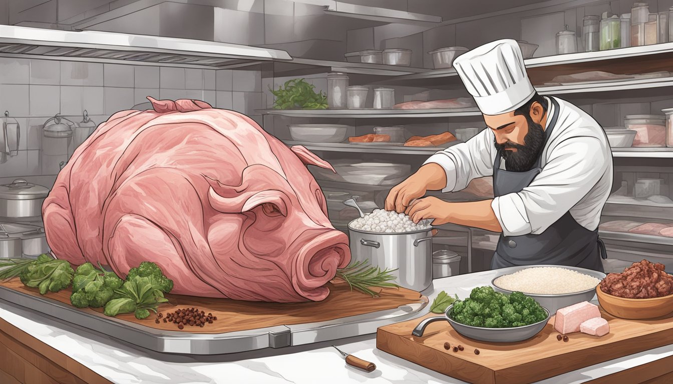 A butcher selects a marbled pork shoulder, while a chef prepares a mixture of salt, sugar, and spices for fermenting capicola