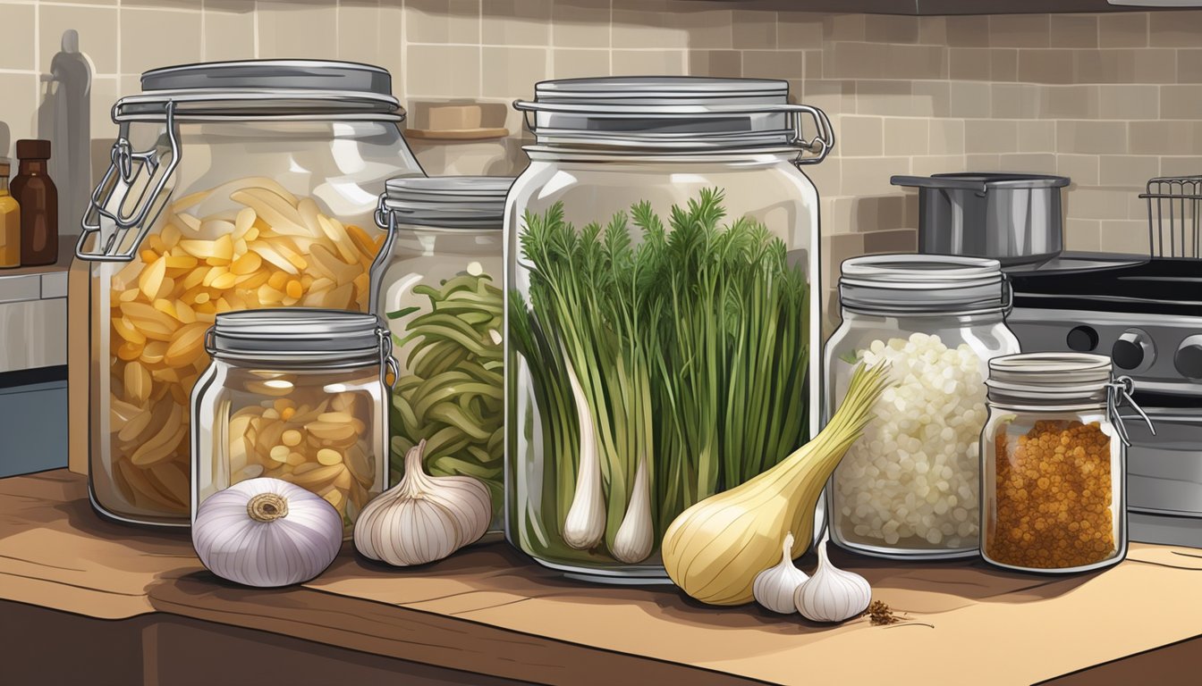 A glass jar filled with fermenting ingredients, including anchovies, onions, garlic, and spices, sits on a kitchen counter