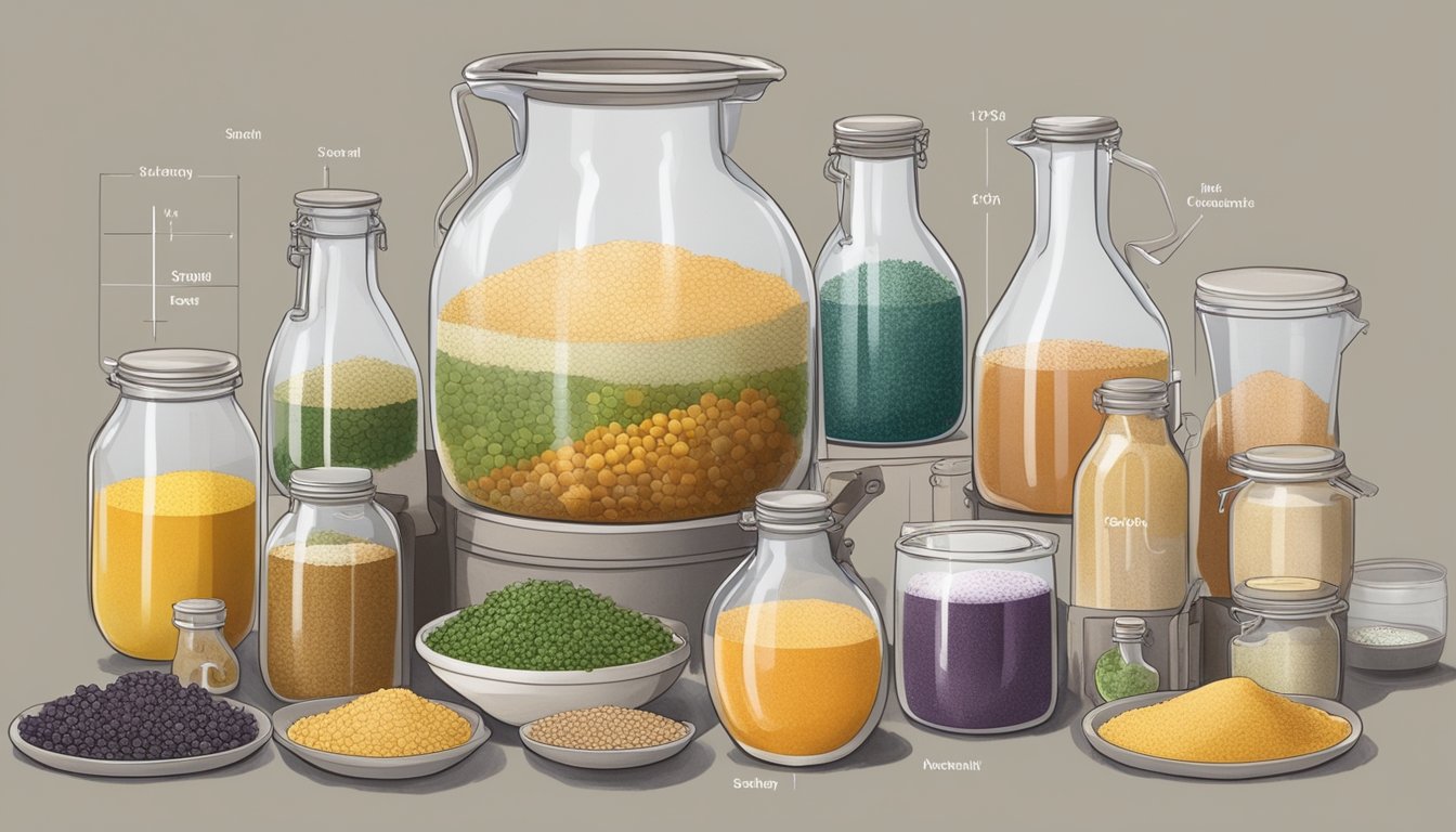 A variety of ingredients and potential substitutes arranged around a fermentation vessel, with labels and measuring tools nearby