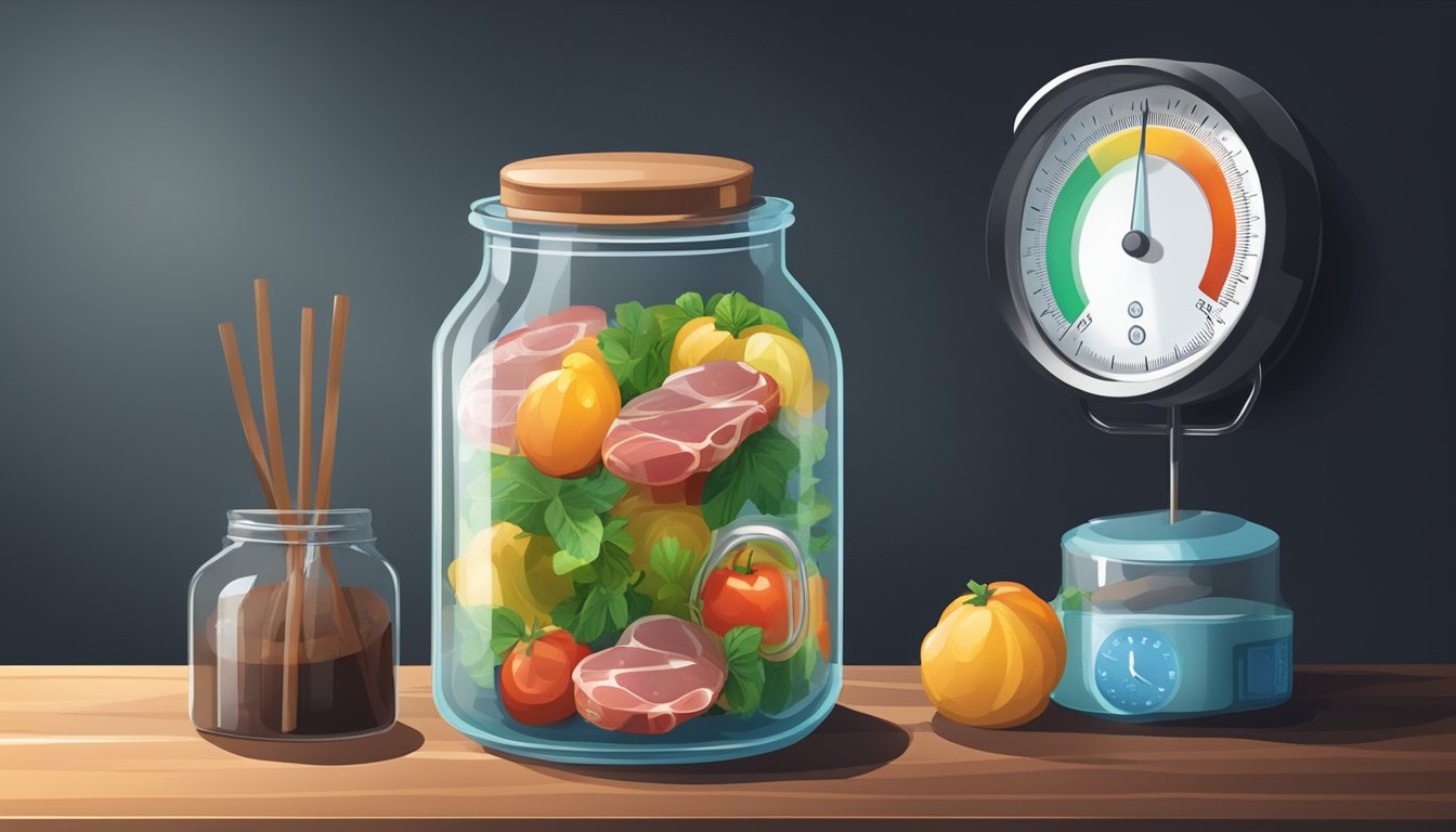 A glass jar filled with curing mix and capicola hanging in a cool, dark room. A thermometer and hygrometer monitor the temperature and humidity