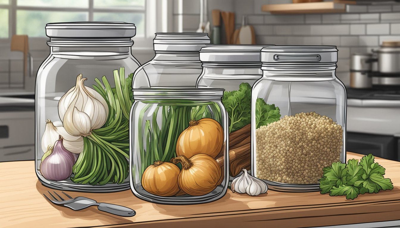 A glass jar filled with ingredients like anchovies, onions, garlic, and spices, sitting on a kitchen counter ready for fermentation