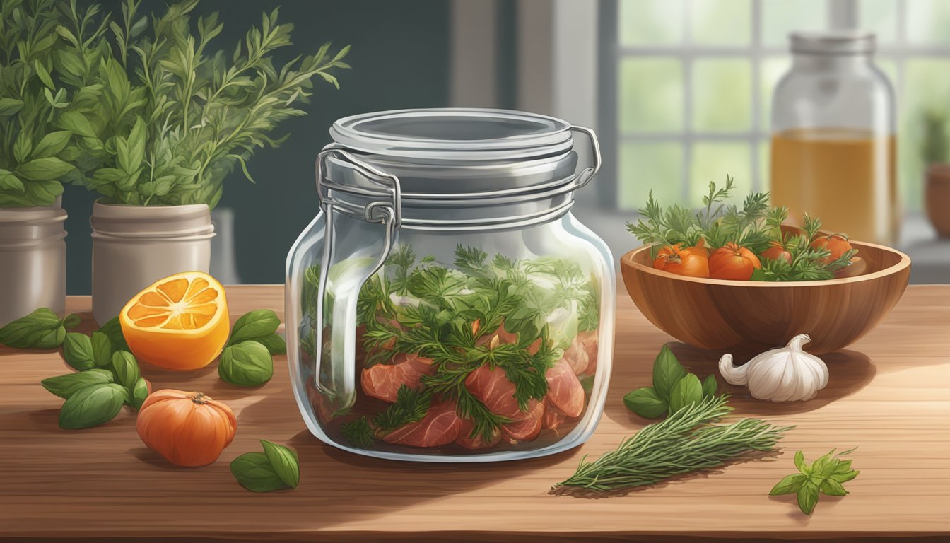 A glass jar filled with capicola submerged in a brine solution, surrounded by herbs and spices, sitting on a wooden countertop