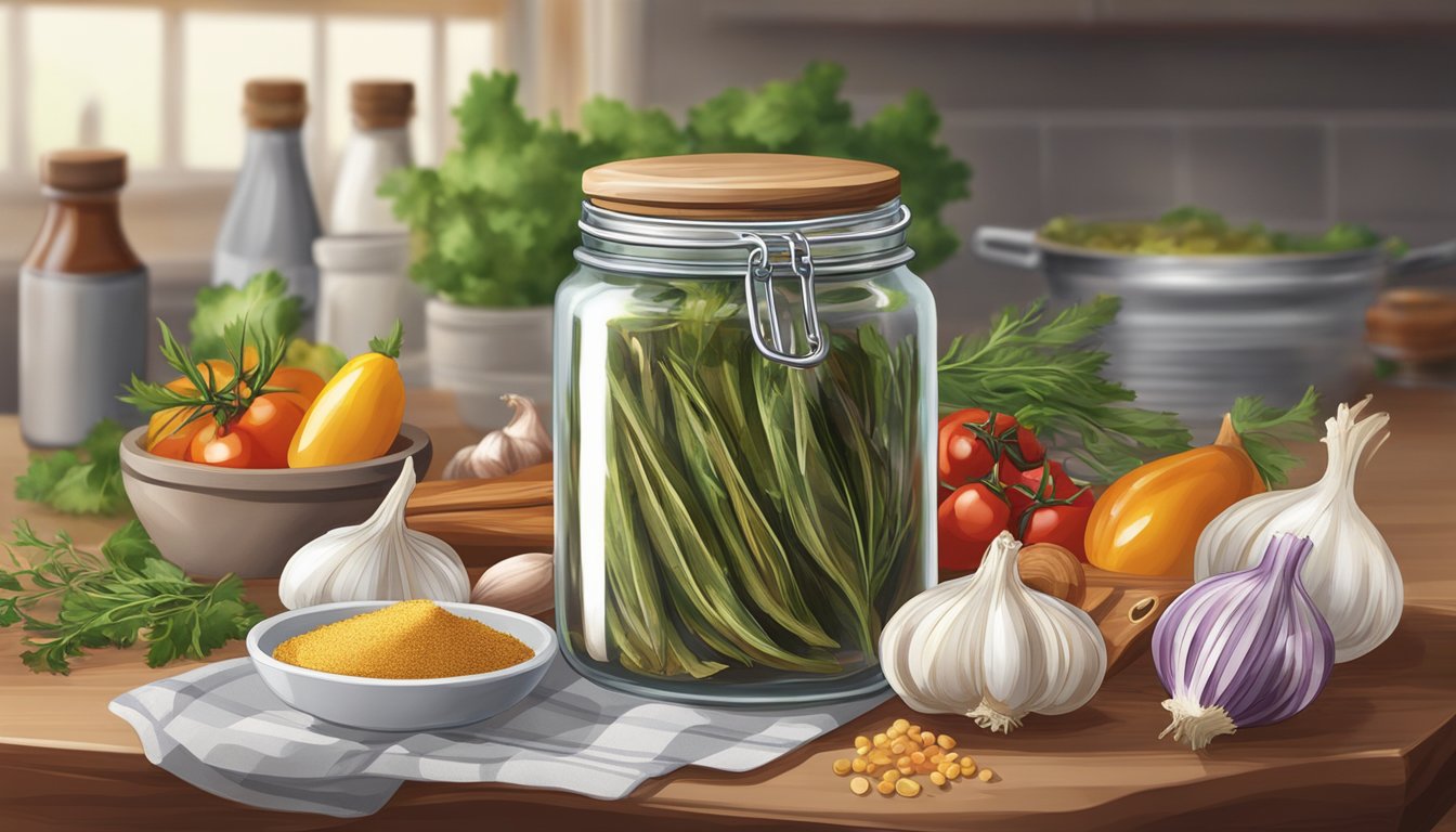 A glass jar filled with various ingredients such as anchovies, garlic, and spices, sitting on a countertop with a cloth covering the top