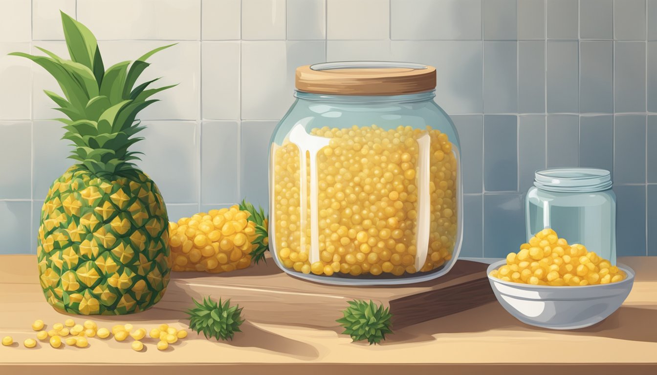 A pot filled with maize, water, and pineapple, covered with a cloth, sits on a counter. A jar of fermenting chicha bubbles nearby