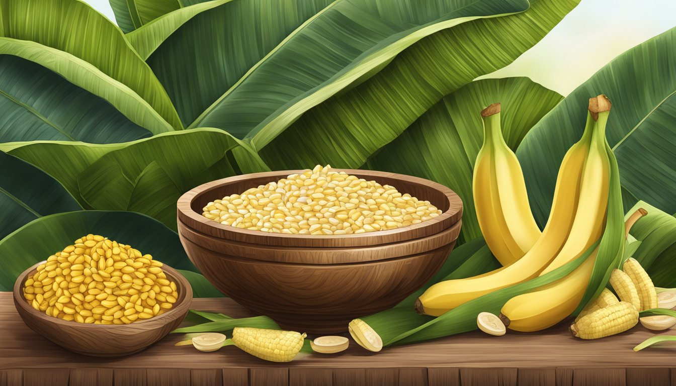 A wooden bowl filled with maize and water, surrounded by clay pots and banana leaves